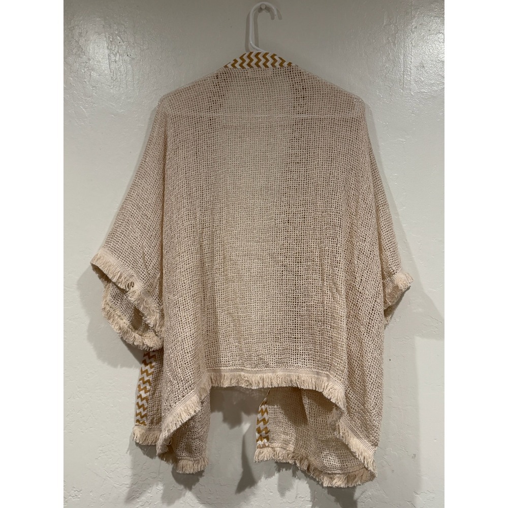 Kathmandu Imports Beige Open Knit Kimono Cardigan Chevron Trim Fringe One Size - Picture 6 of 10